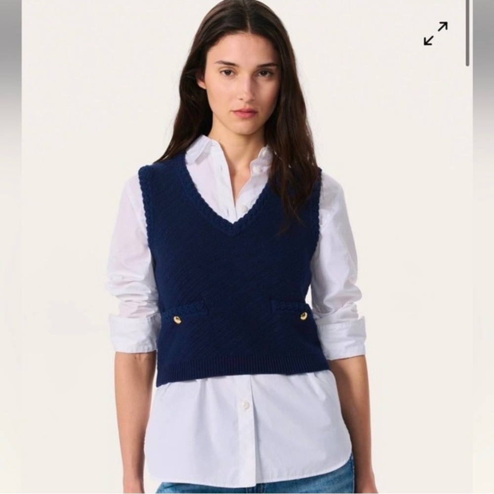Rag & Bone Navy Blue Knit V-Neck Sweater Vest Gold Button Pockets S